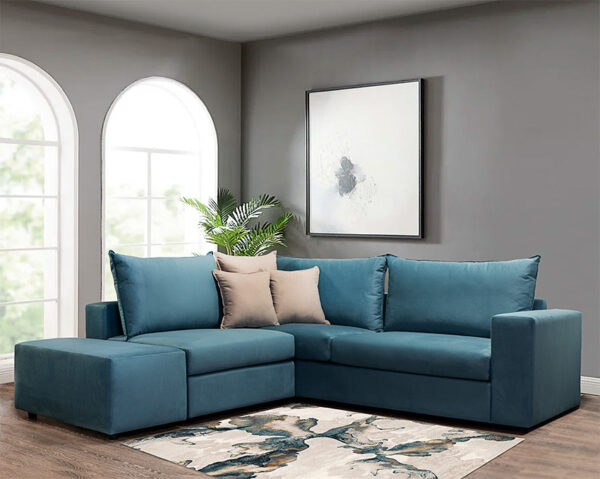 Γωνιακός καναπές πολυμορφικός σε πετρόλ χρώμα – Έπιπλο Καπατζά