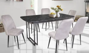 Σετ τραπεζαρίας με όψη μαρμάρου και 6 καθίσματα.