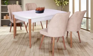 Σετ ανοιγόμενη τραπεζαρία κουζίνας με όψη μαρμάρου και 4 καθίσματα.