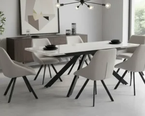Τραπεζαρία σε λευκό χρώμα με κεραμική επιφάνεια