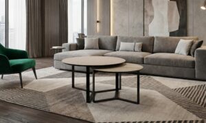 Σετ Στρογγυλά Τραπεζάκια Σαλονιού με Μεταλλική Βάση και Επιφάνεια σε Απομίμηση Μάρμαρου