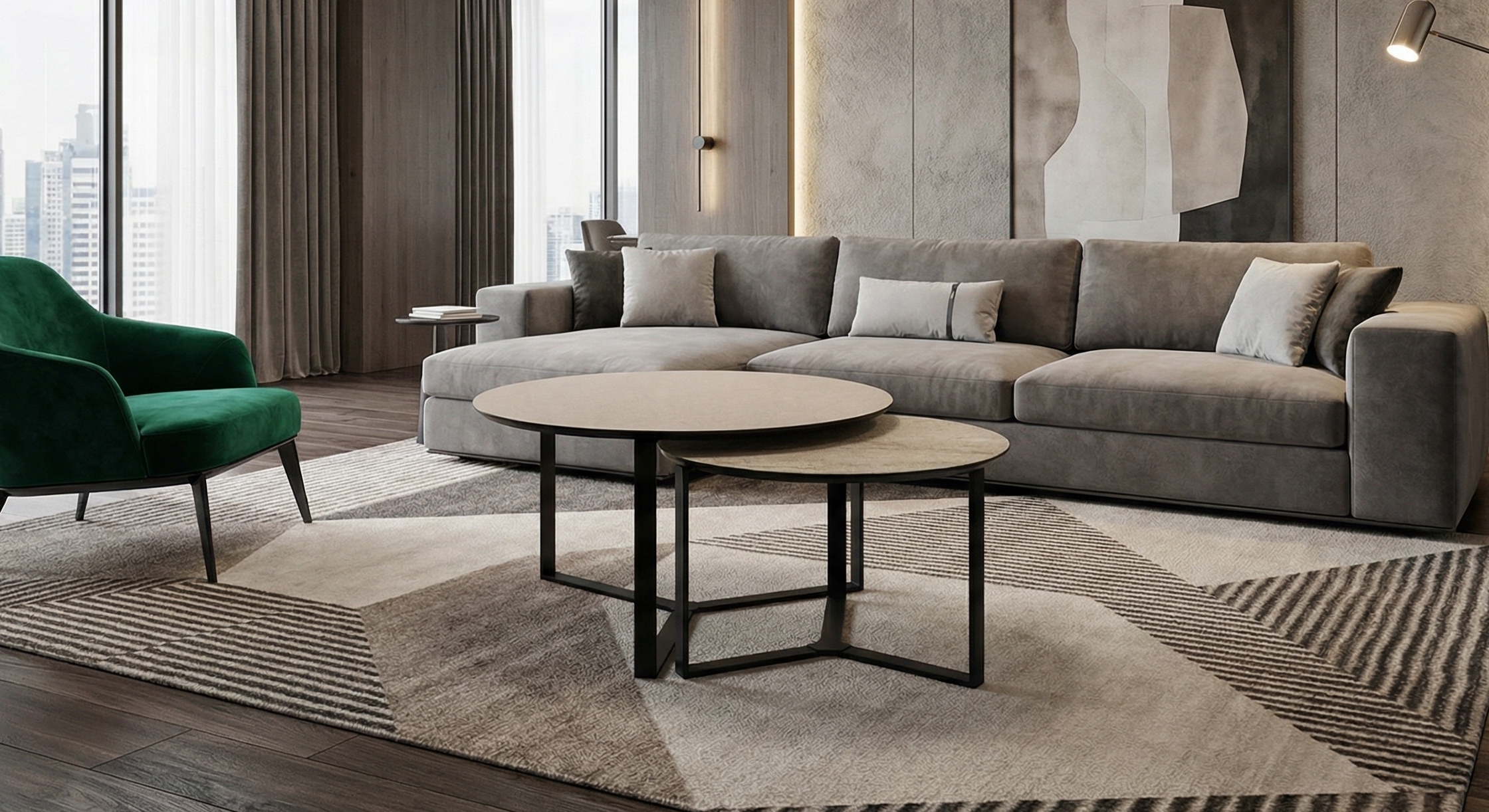 Σετ Στρογγυλά Τραπεζάκια Σαλονιού με Μεταλλική Βάση και Επιφάνεια σε Απομίμηση Μάρμαρου