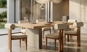 Μοντέρνα Καρέκλα από Μασίφ Ξύλο με Ύφασμα Bouclé και Ξύλινο Σκελετό