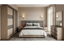 Μοντέρνο σετ κρεβατοκάμαρας με ξύλινο κεφαλάρι και πηχάκια