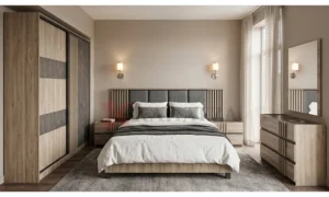 Μοντέρνο σετ κρεβατοκάμαρας με ξύλινο κεφαλάρι και πηχάκια