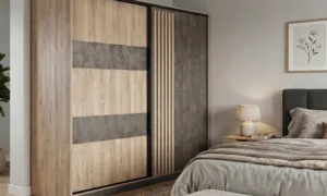 Δίφυλλη συρόμενη ντουλάπα με ξύλο και όψη βιομηχανικού τσιμέντου