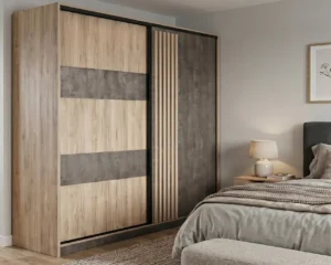 Δίφυλλη συρόμενη ντουλάπα με ξύλο και όψη βιομηχανικού τσιμέντου