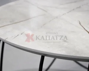 Στρογγυλό τραπεζάκι σαλονιού με μεταλλική βάση και όψη μάρμαρου