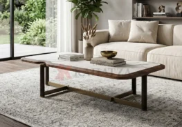 Τραπεζάκι σαλονιού με μεταλλική βάση και επιφάνεια σε απομίμηση μάρμαρου