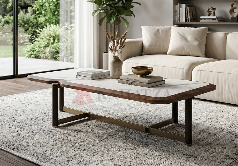 Τραπεζάκι σαλονιού με μεταλλική βάση και επιφάνεια σε απομίμηση μάρμαρου