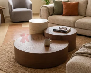 Σετ 3 τραπεζάκια σαλονιού σε ξύλο δρυ και όψη Πωρόλιθου
