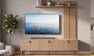 Μοντέρνα Σύνθεση Σαλονιού / Έπιπλο Τηλεόρασης με Ραβδωτή Επένδυση & Ράφι