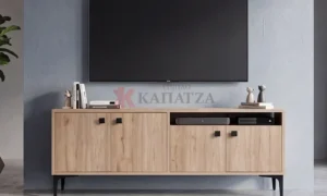 Μοντέρνο Έπιπλο Τηλεόρασης σε Χρώμα Φυσικού Ξύλου με Μαύρες Λεπτομέρειες