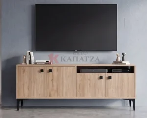 Μοντέρνο Έπιπλο Τηλεόρασης σε Χρώμα Φυσικού Ξύλου με Μαύρες Λεπτομέρειες