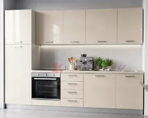 Μοντέρνα Κουζίνα σε Γυαλιστερό Μπεζ με 5 ηλεκτρικές συσκευές