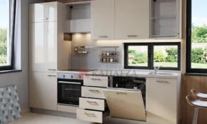 Μοντέρνα Κουζίνα σε Γυαλιστερό Μπεζ με 5 ηλεκτρικές συσκευές