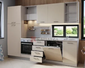 Μοντέρνα Κουζίνα σε Γυαλιστερό Μπεζ με 5 ηλεκτρικές συσκευές